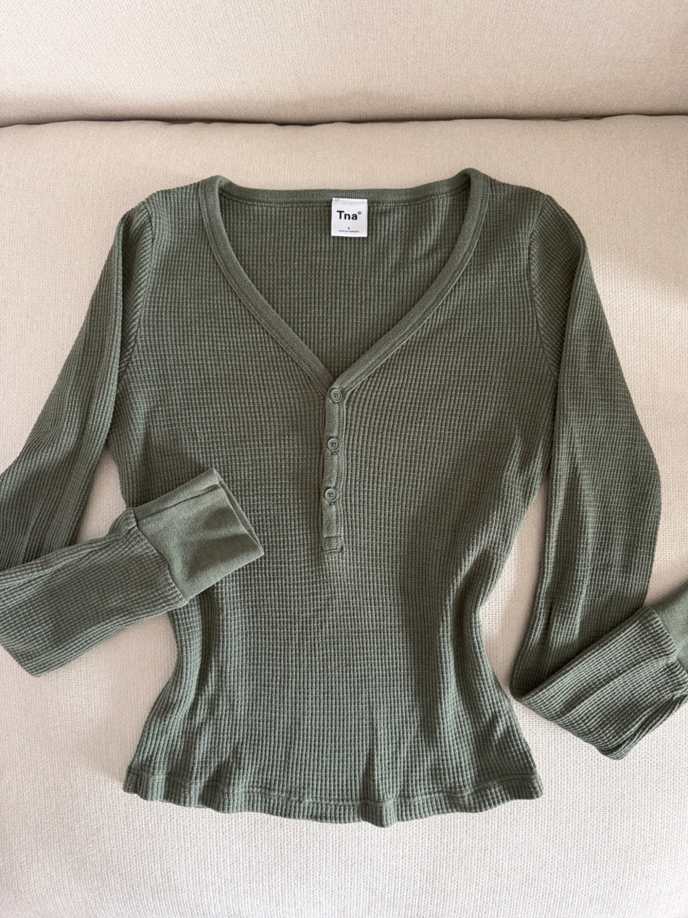 TNA Olive Green Waffle Henley Long Sleeve Tee